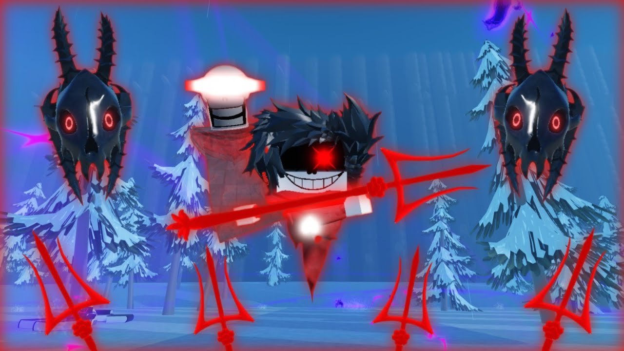 True Dust in Unnamed Sans RNG standing in a snowy biome with a red trident and skull summons